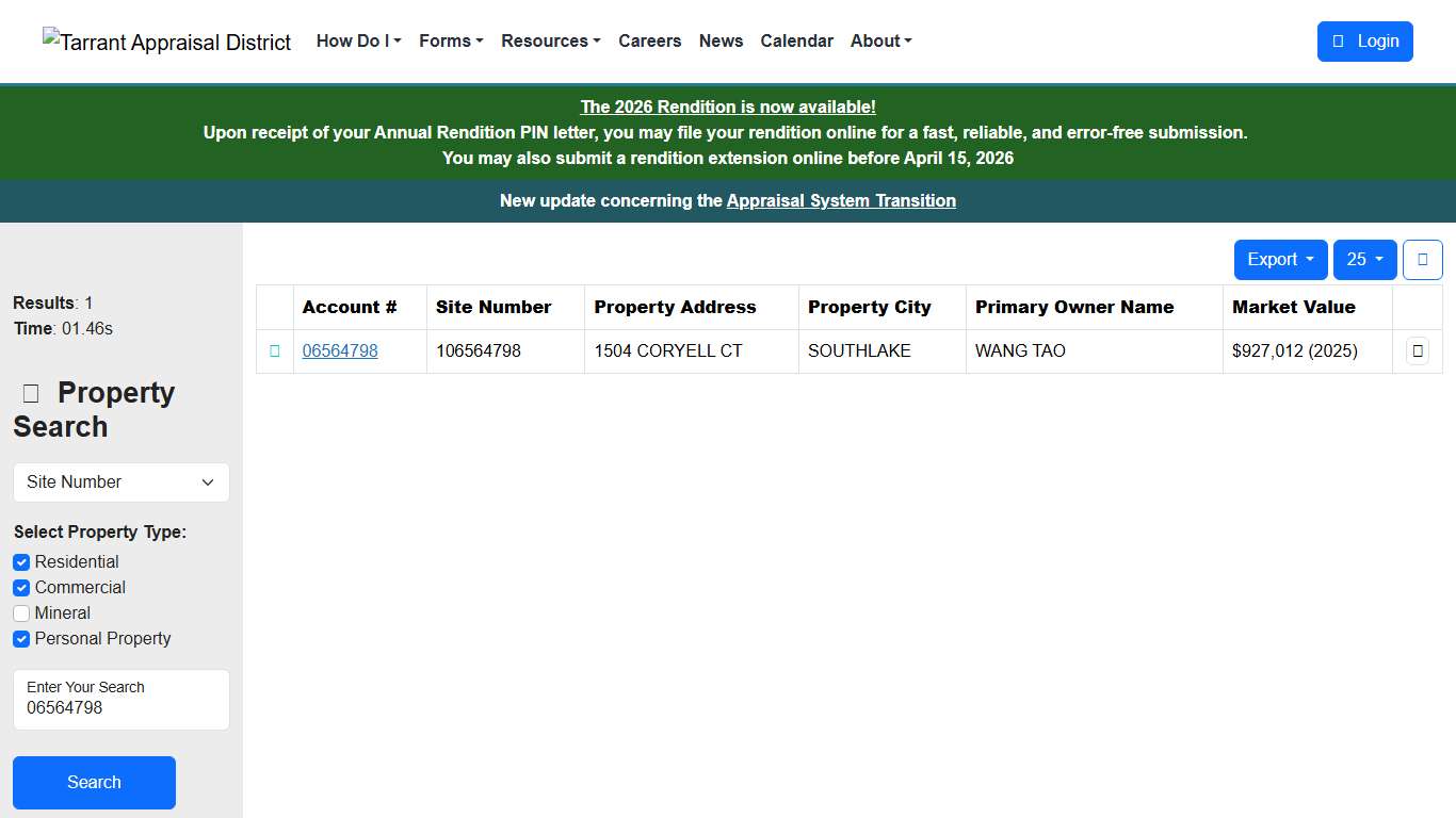 Property Search Results - Tarrant Appraisal District